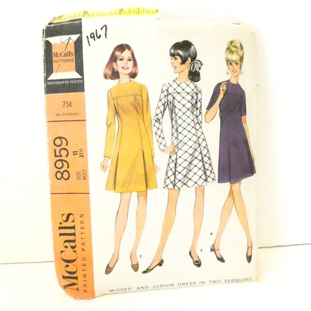 Vintage Sz 11 Misses Dress Pattern McCall's #8959 Bust 31 1/2 DIY 2 Version 60's